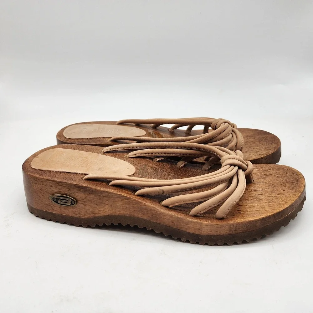Bongo Vintage Y2K Wooden Platform Sandals Women's 8M Tan Leather Strappy Wedge